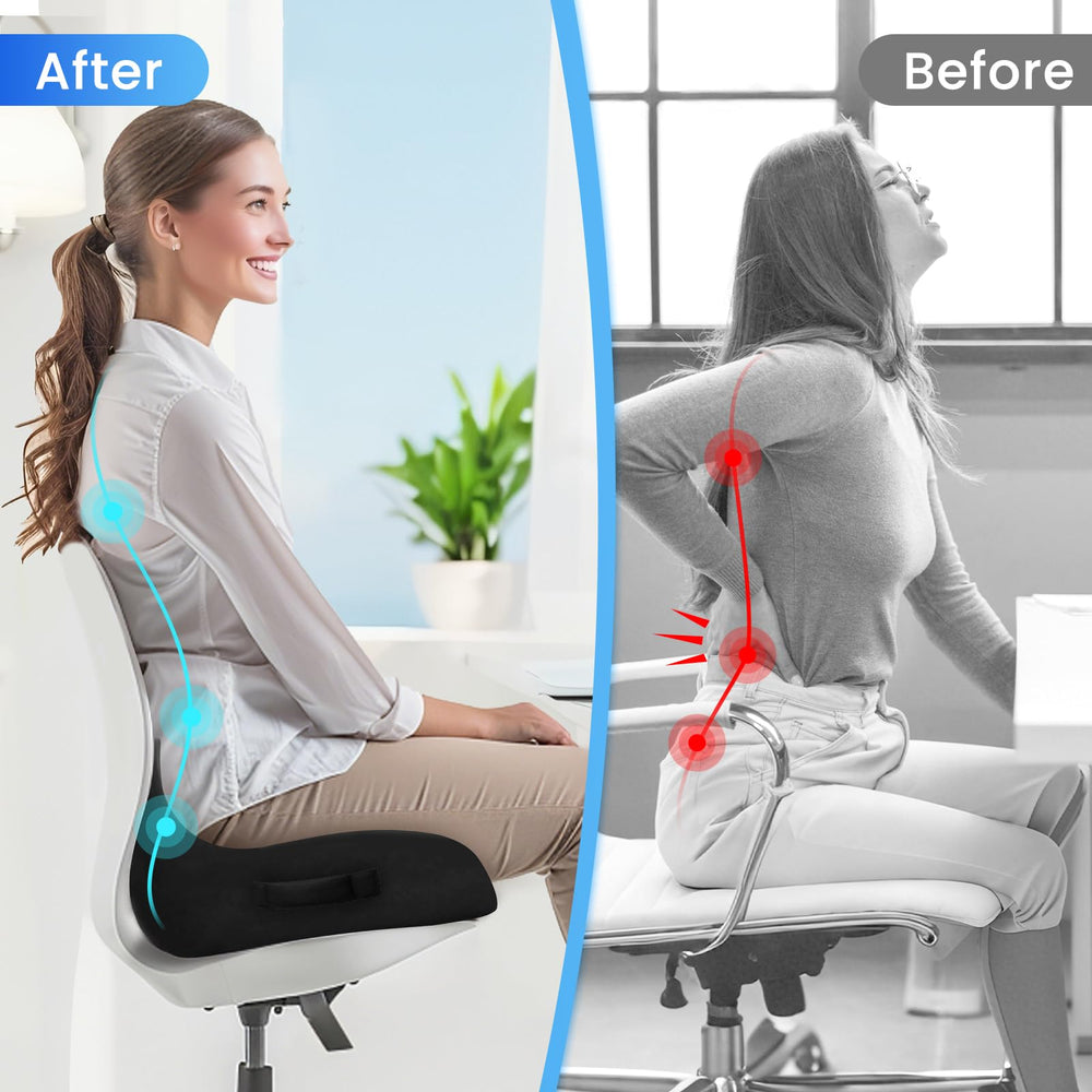 CushZone comparación de tamaño junto a una silla para apreciar escala y cobertura