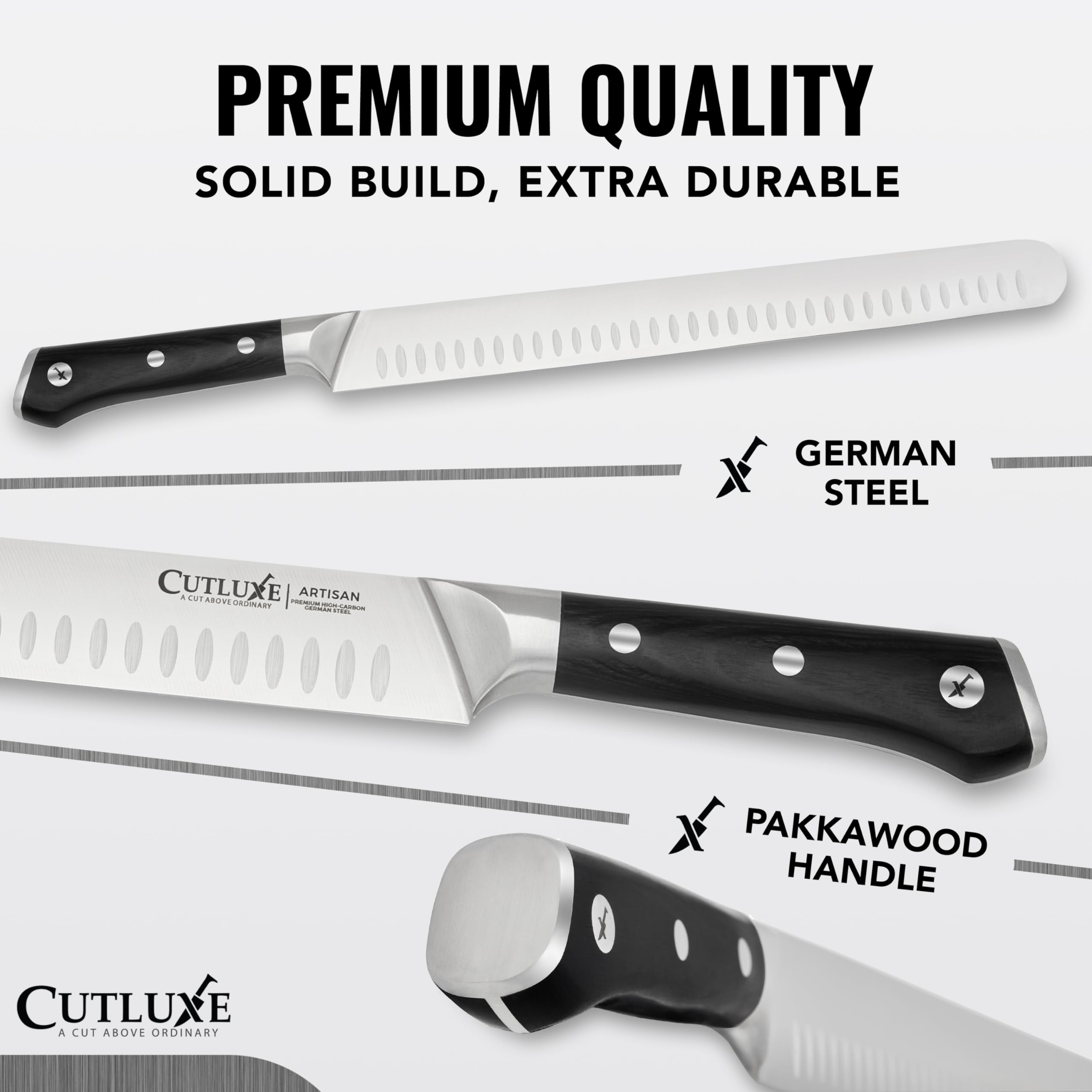 Cutluxe detalle de la hoja de 12" para brisket con filo para rebanadas limpias