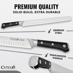 Cutluxe detalle de la hoja de 12" para brisket con filo para rebanadas limpias