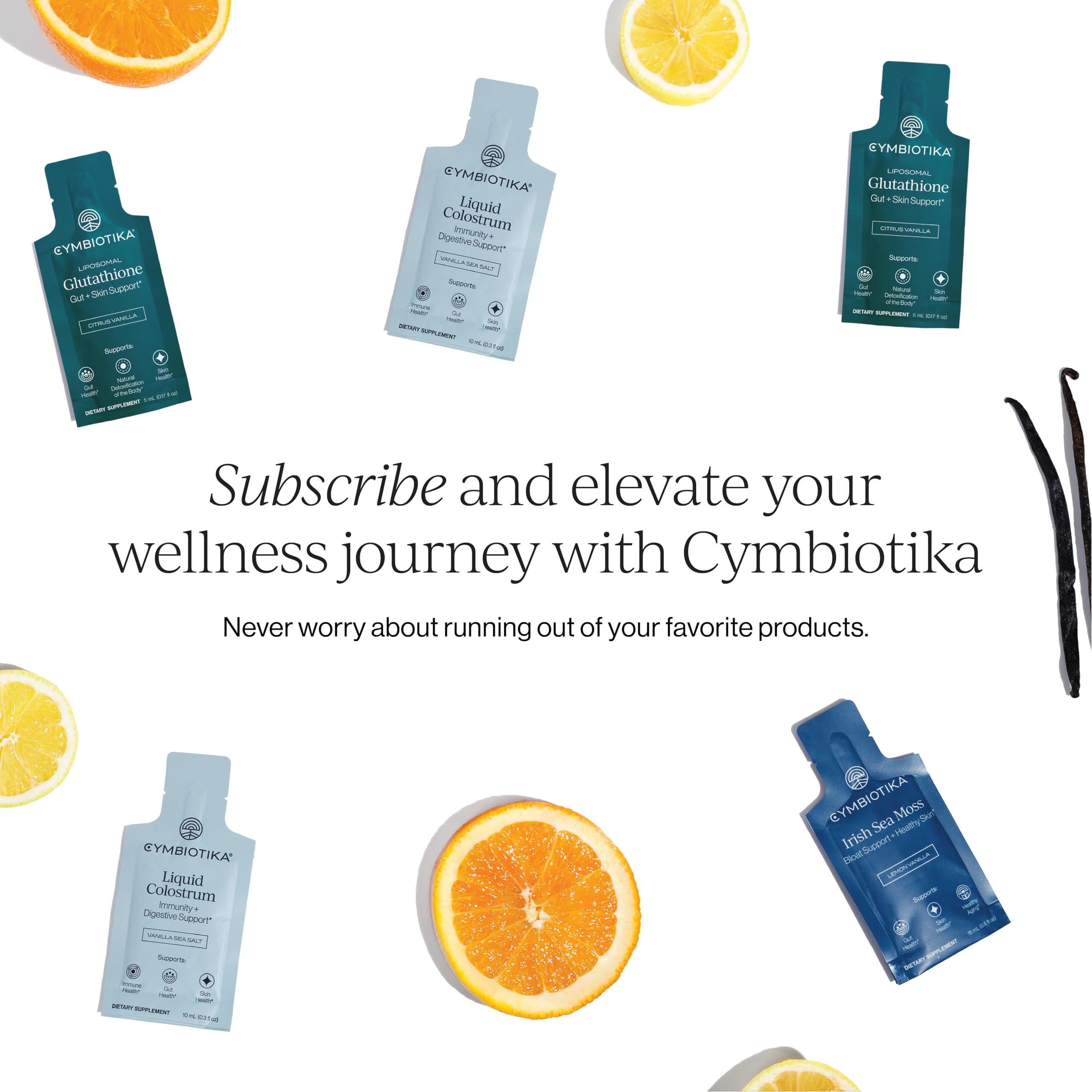 CYMBIOTIKA presentación de producto en ambiente lifestyle con frutas cítricas, aspecto fresco