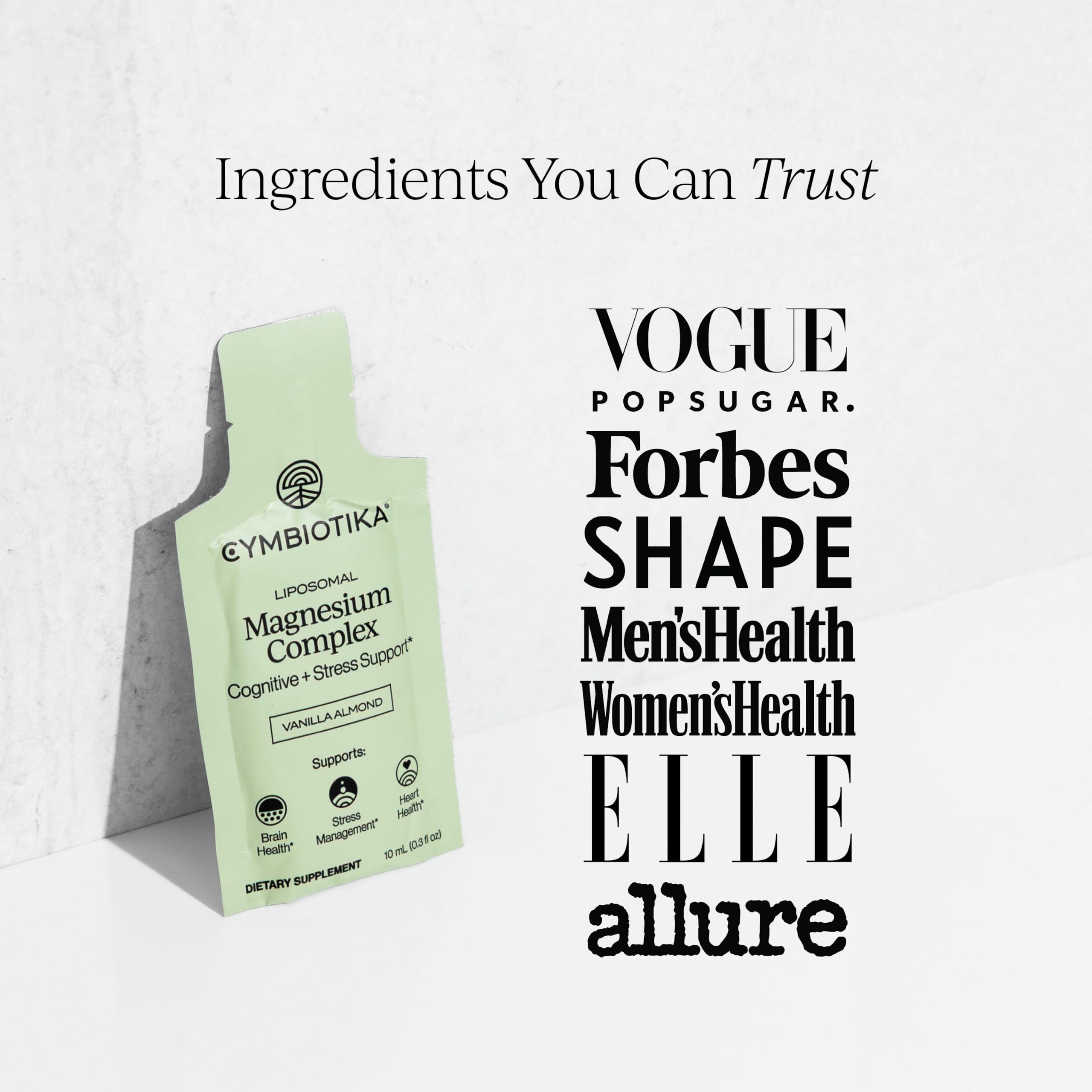 CYMBIOTIKA primer plano del pouch destacando sabor Vainilla Almendra