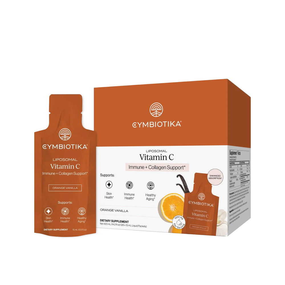 CYMBIOTIKA presentación frontal con 28 sobres naranja vainilla, práctico para llevar
