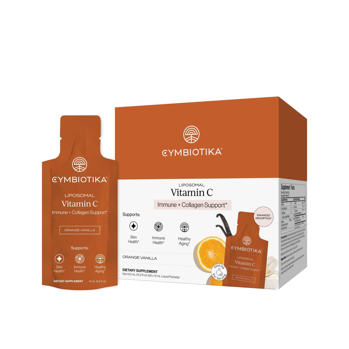 CYMBIOTIKA presentación frontal con 28 sobres naranja vainilla, práctico para llevar