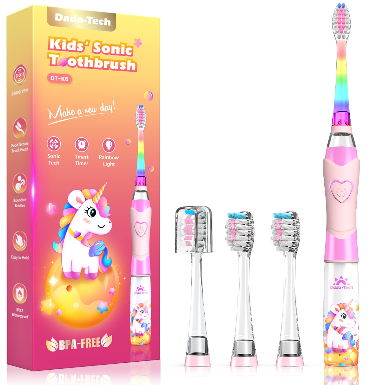 DADA-TECH unicornio rosa vista frontal con luces para motivar el cepillado