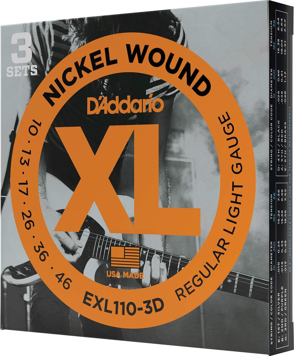 D'Addario front packaging showing three EXL110 sets and brand logo for easy purchase decision
