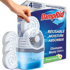 DampRid frente del producto mostrando diseño y beneficio de absorción rápida