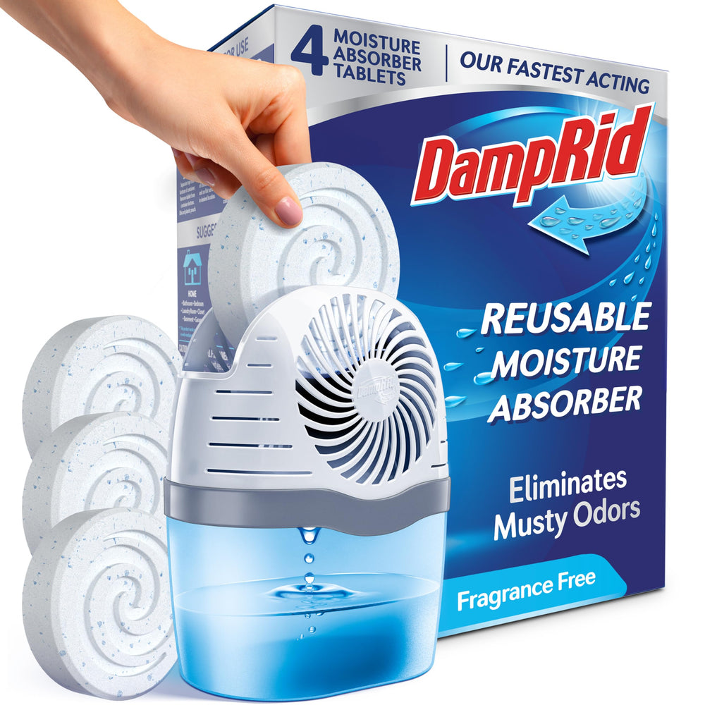 DampRid frente del contenedor mostrando diseño compacto y beneficio antihumedad