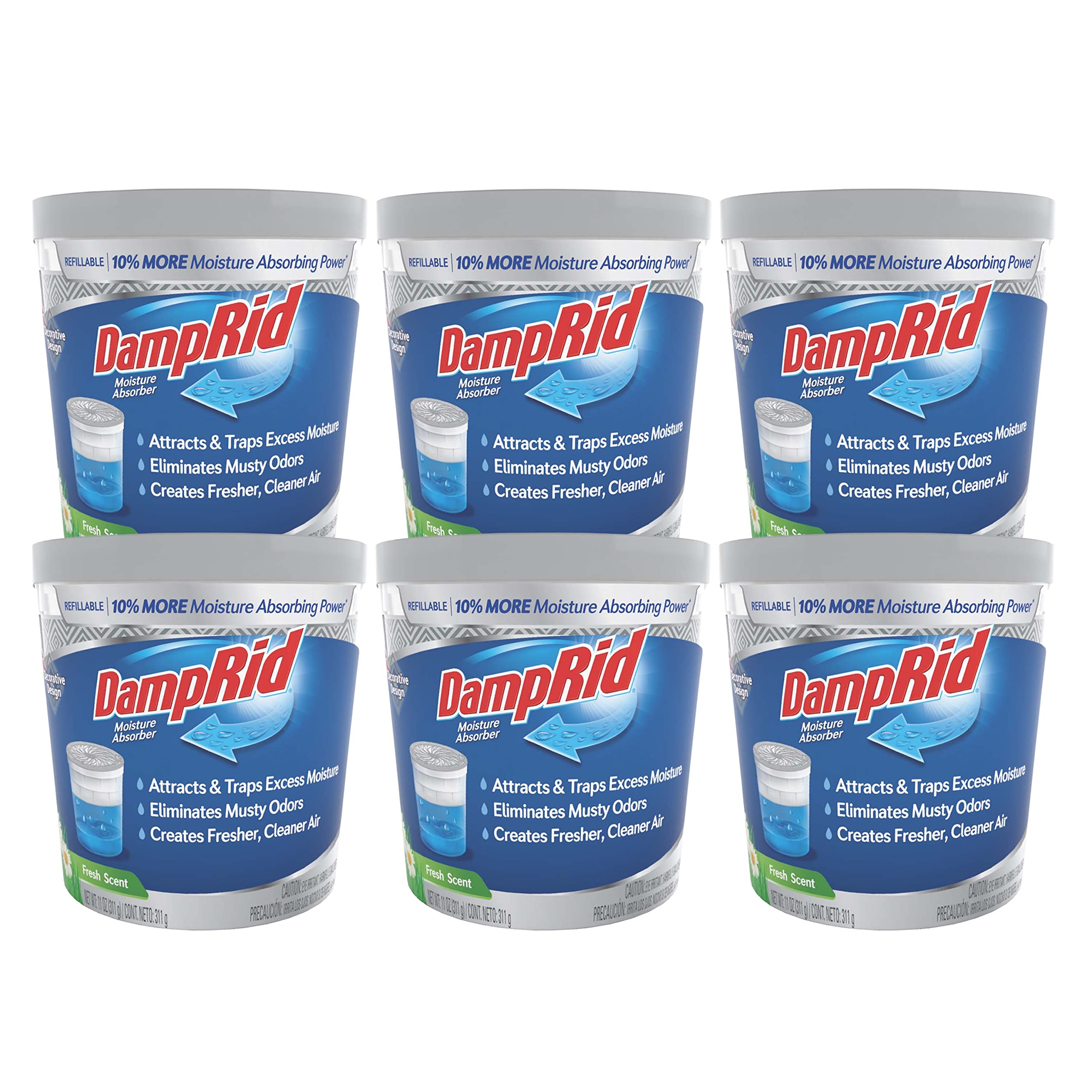 DampRid frontal del paquete de seis, absorbe humedad eficientemente