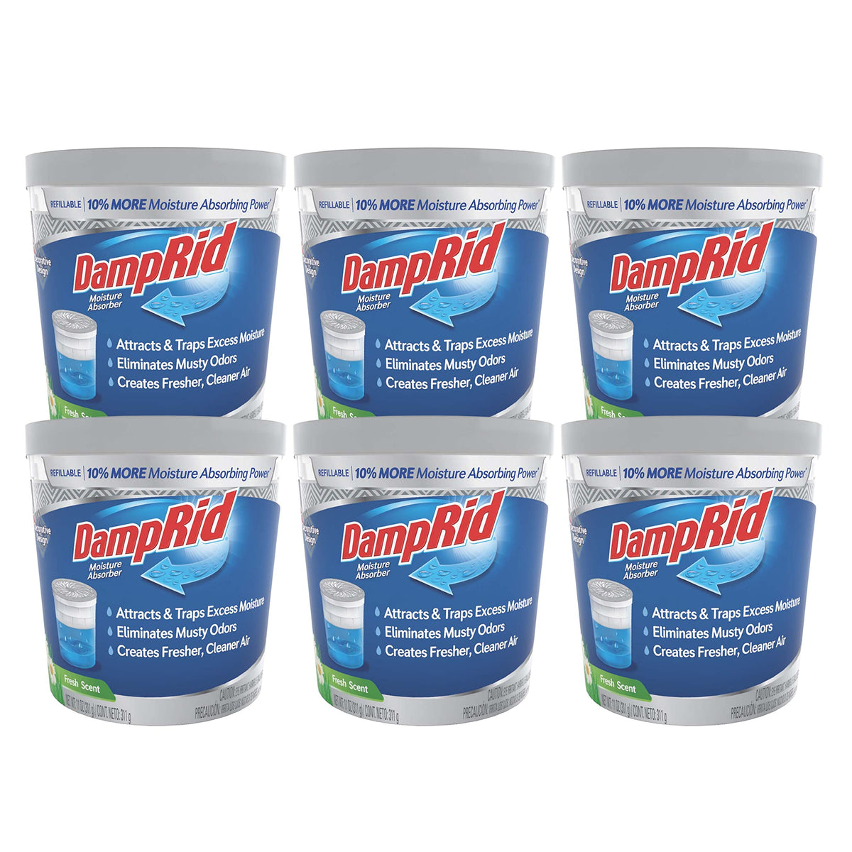 DampRid frontal del paquete de seis, absorbe humedad eficientemente