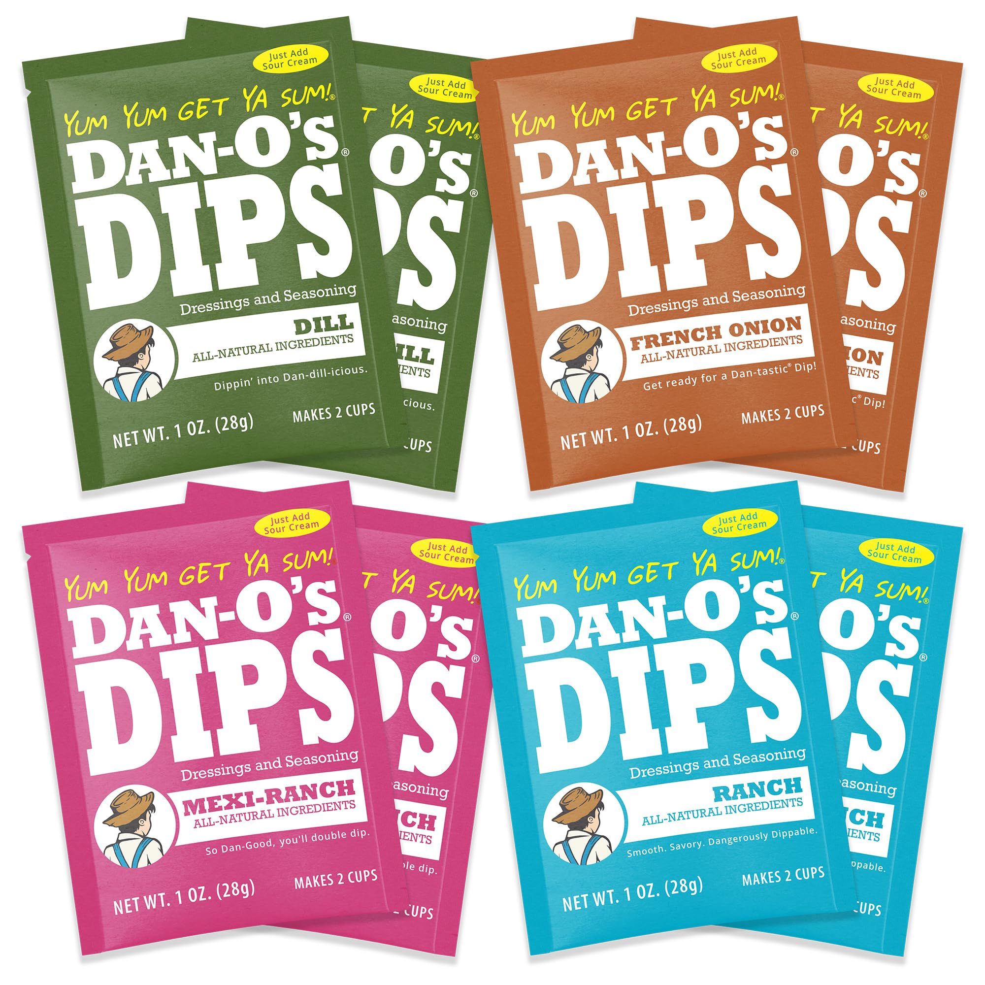 Dan-O's frente del empaque mostrando las cuatro variedades y conveniencia