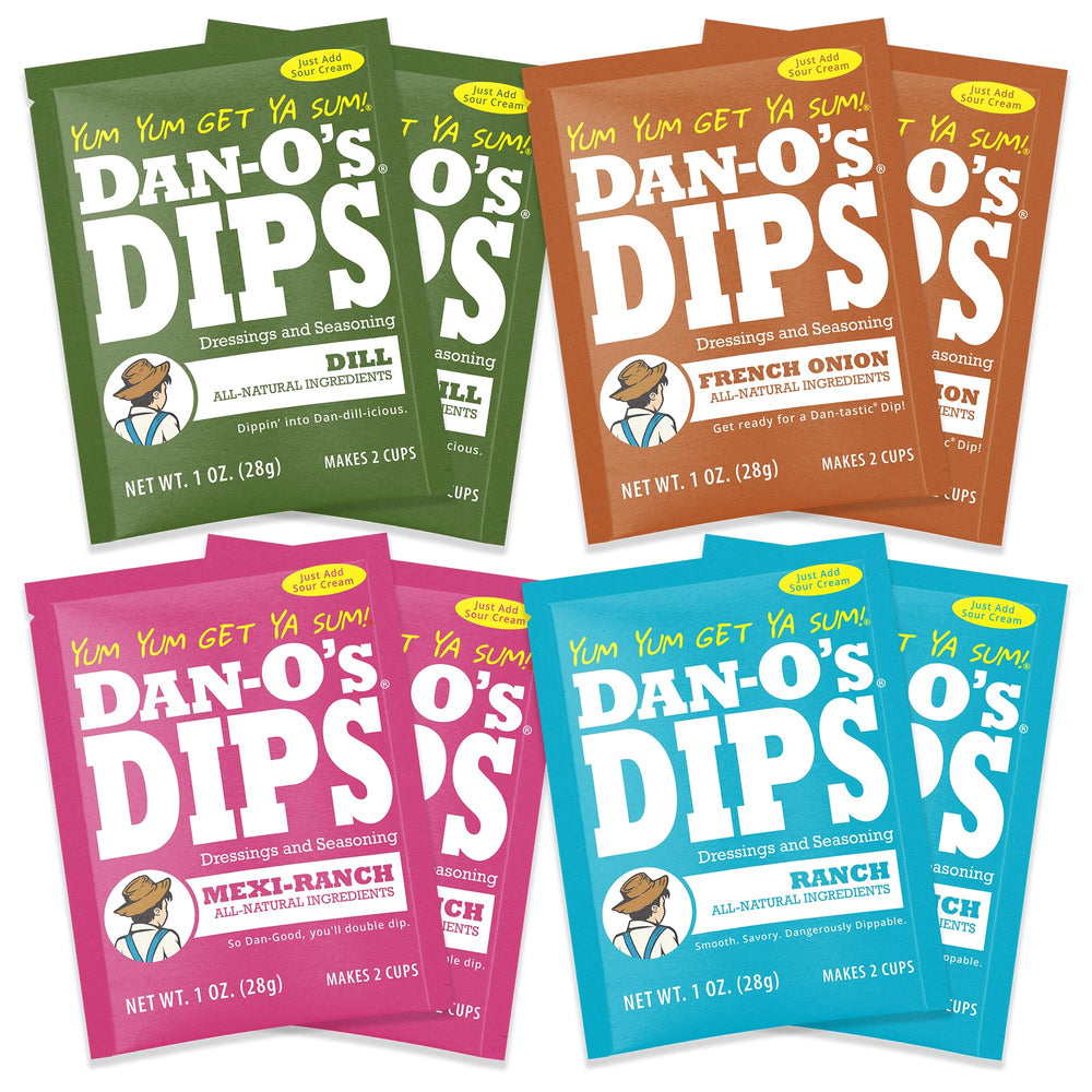 Dan-O's frente del empaque mostrando las cuatro variedades y conveniencia