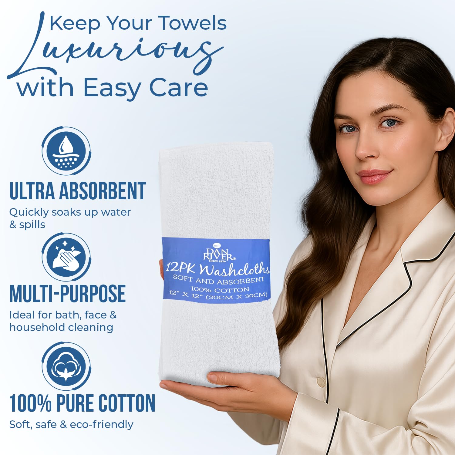DAN RIVER washcloths styled in bathroom demonstrating everyday convenience
