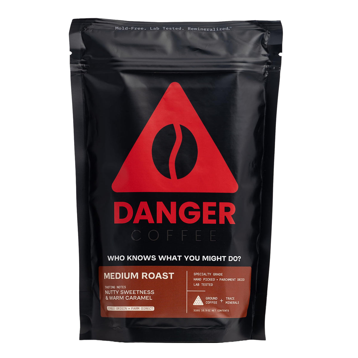 Danger Coffee envase frontal mostrando marca y tamaño, transmite calidad
