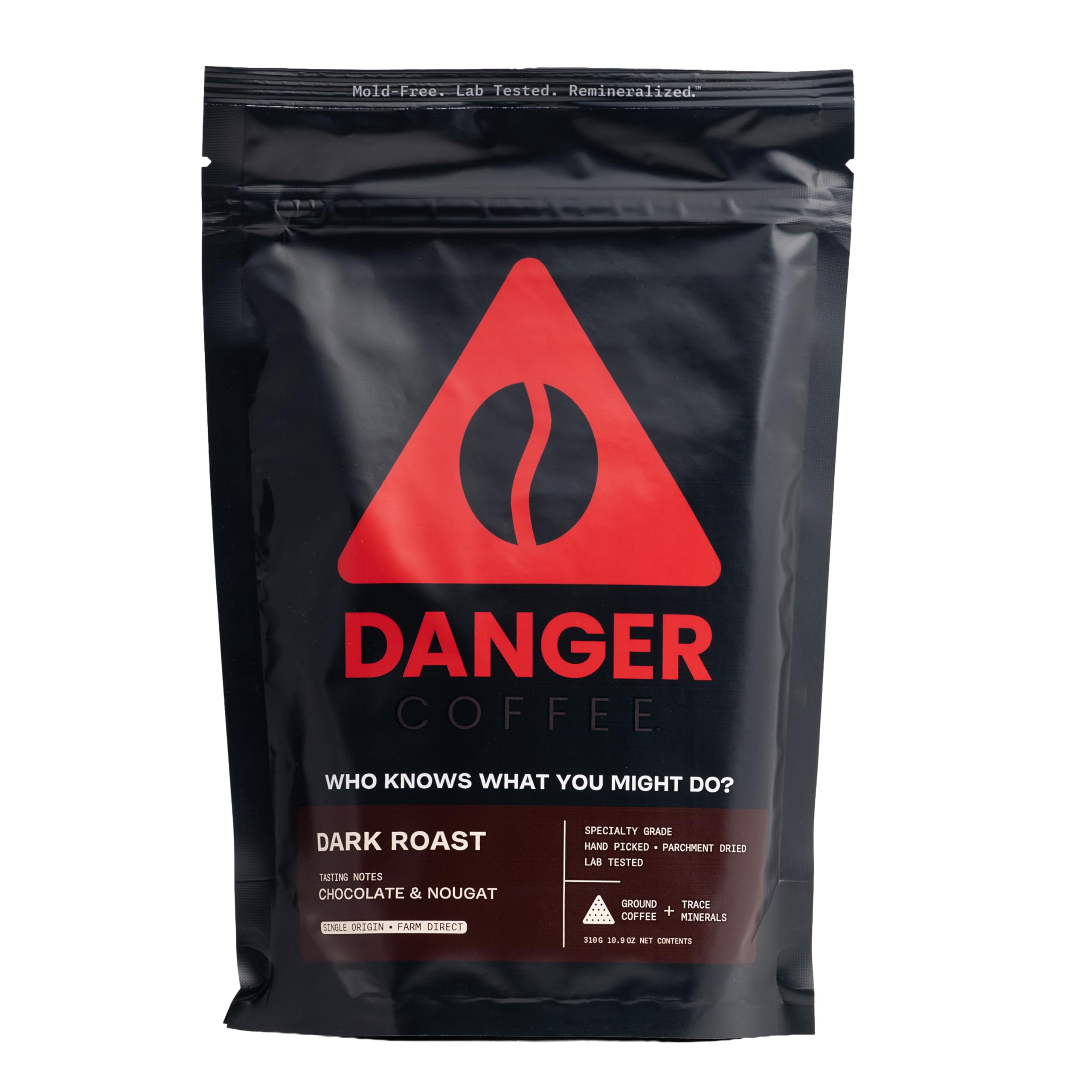 Danger Coffee paquete frontal mostrando marca y presentación, transmite confianza