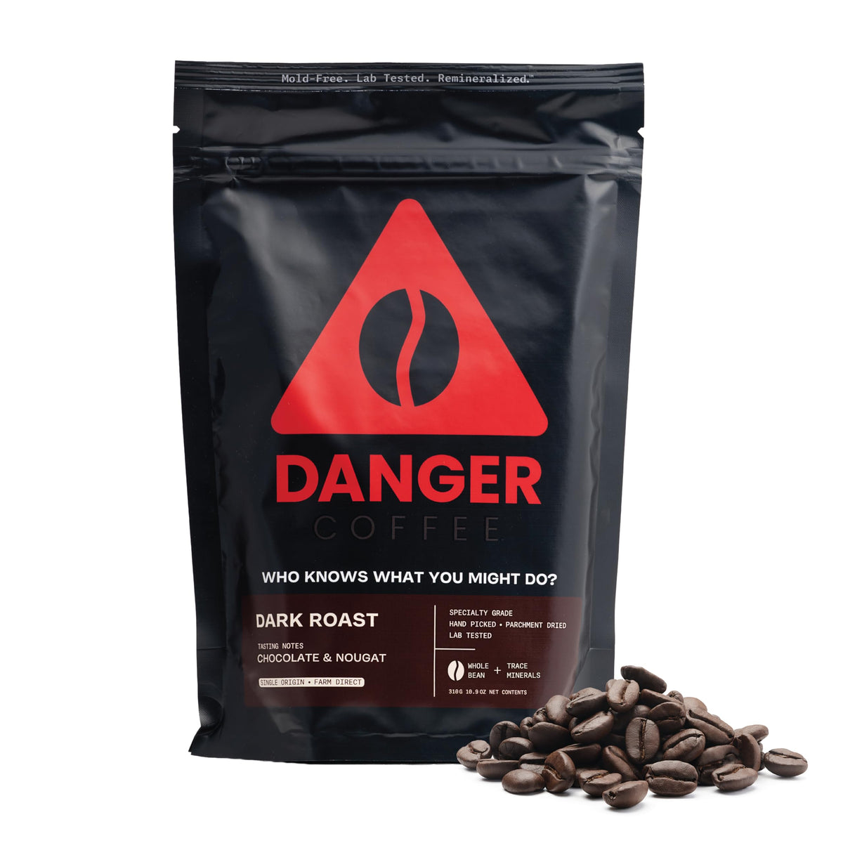 Danger Coffee vista frontal del paquete, presentación clara y limpia