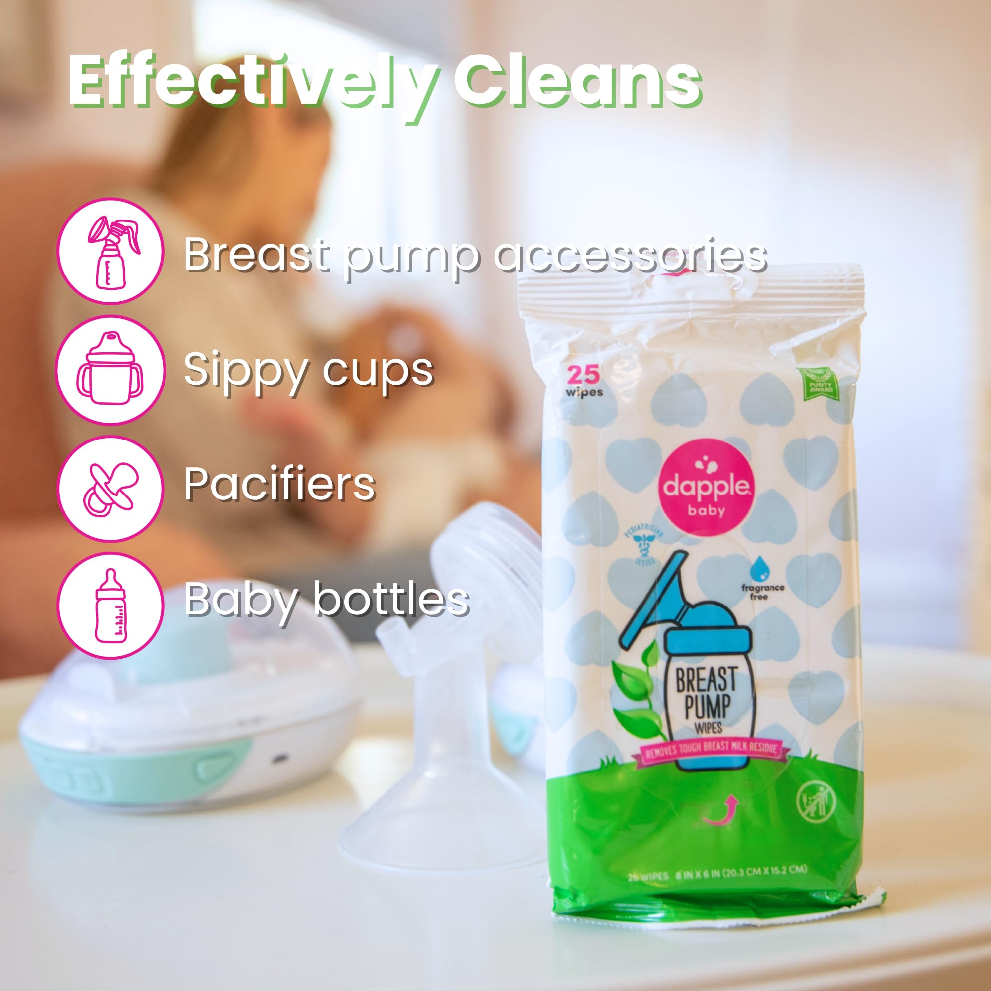 Dapple paquete resellable abierto mostrando 25 toallitas, conserva humedad
