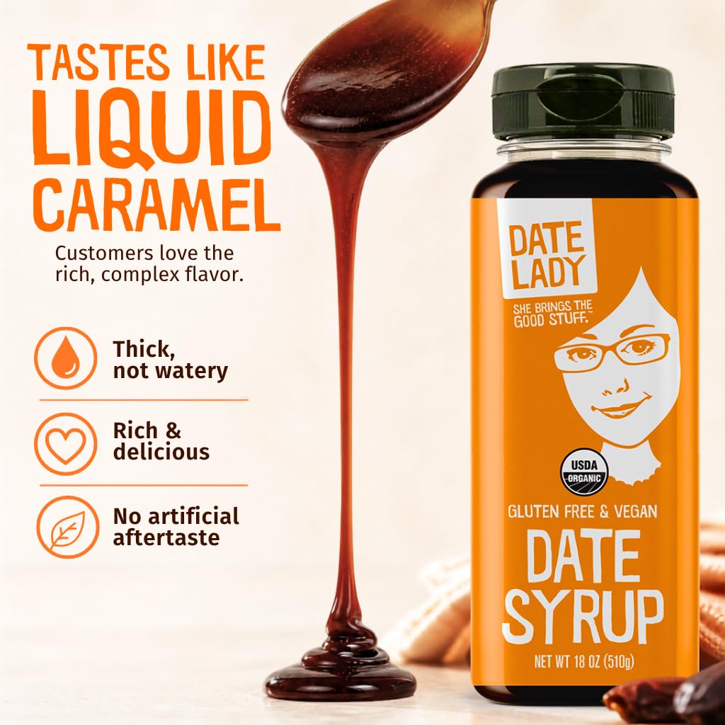 Date Lady detalle de etiqueta orgánica que resalta ingrediente único y certificaciones