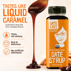 Date Lady detalle de etiqueta orgánica que resalta ingrediente único y certificaciones
