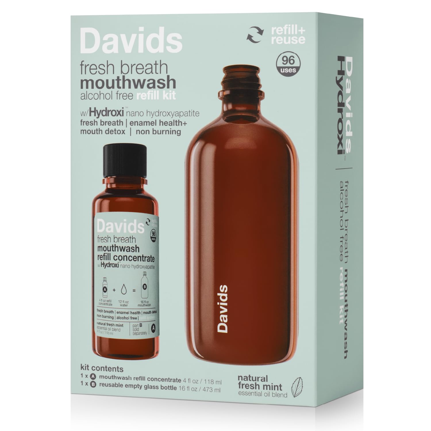 Davids botella de vidrio y concentrado frontal mostrando kit reutilizable y ahorro