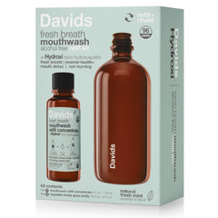 Davids botella de vidrio y concentrado frontal mostrando kit reutilizable y ahorro