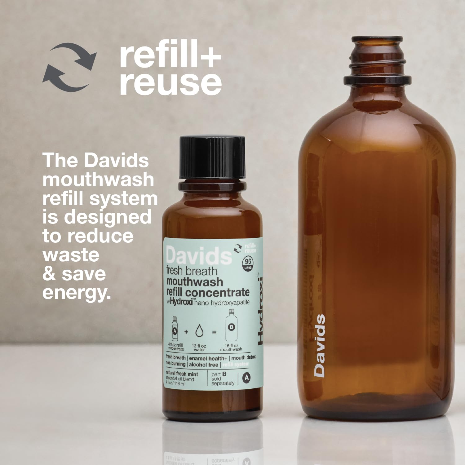 Davids kit en encimera sostenible indicando menos plástico y refil ecológico