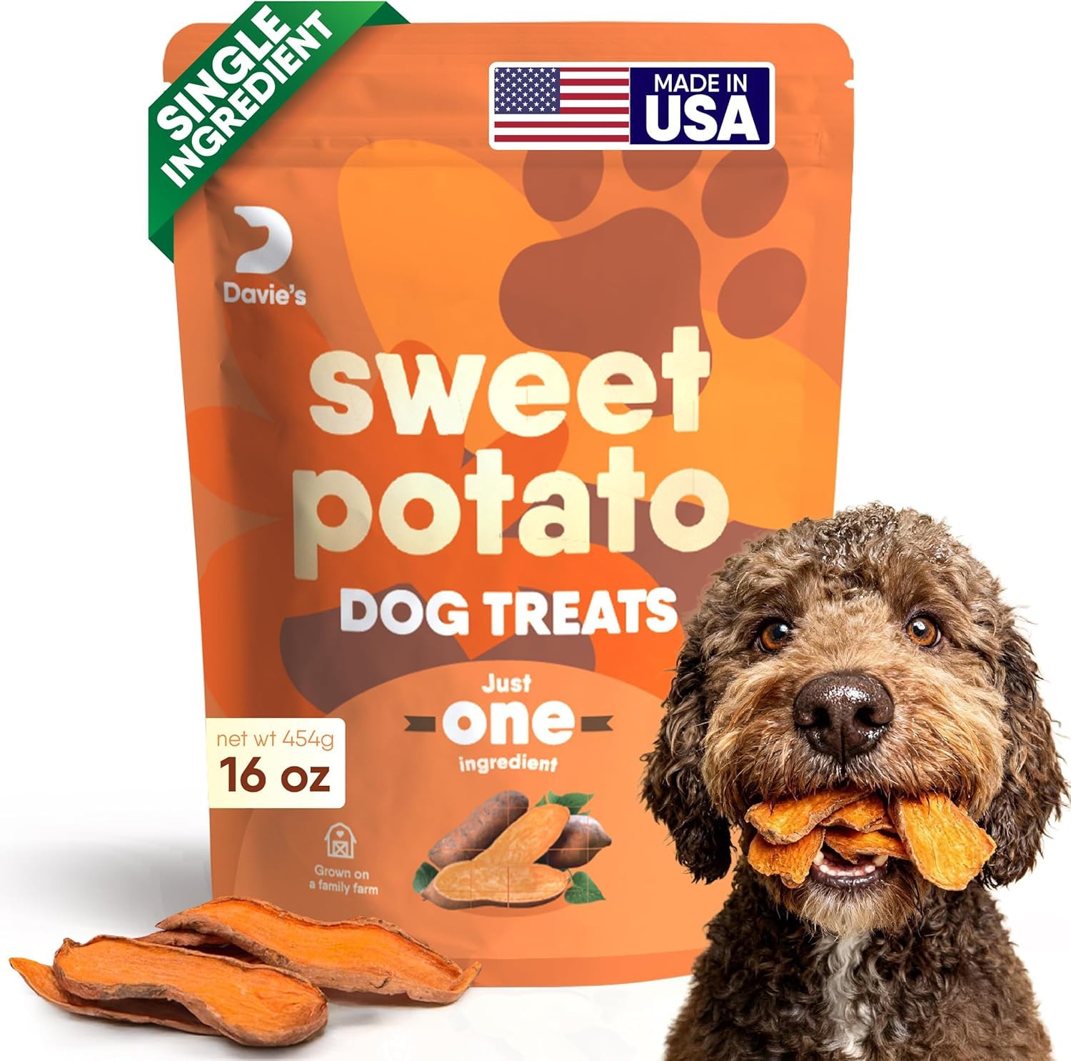 Davie's Naturals bolsa frontal mostrando premios de batata, confiable y natural