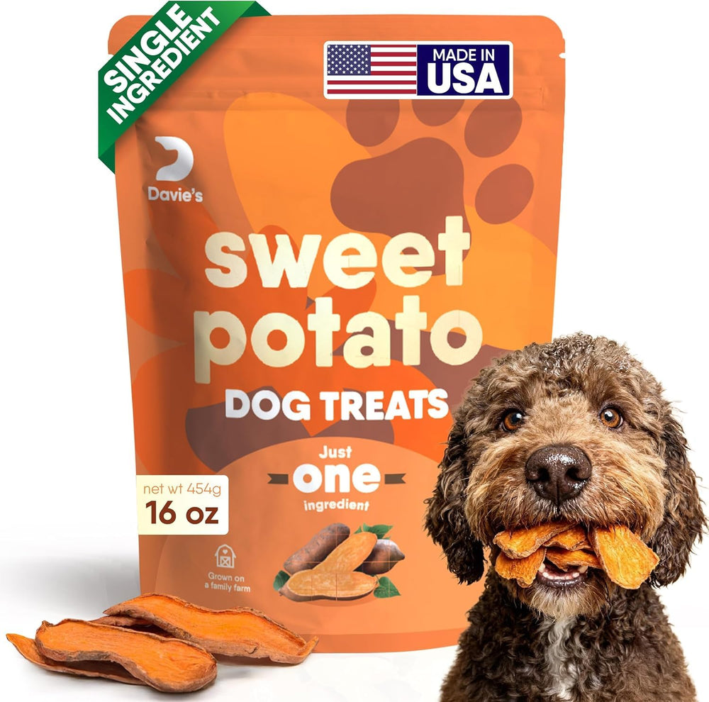 Davie's Naturals bolsa frontal mostrando premios de batata, confiable y natural