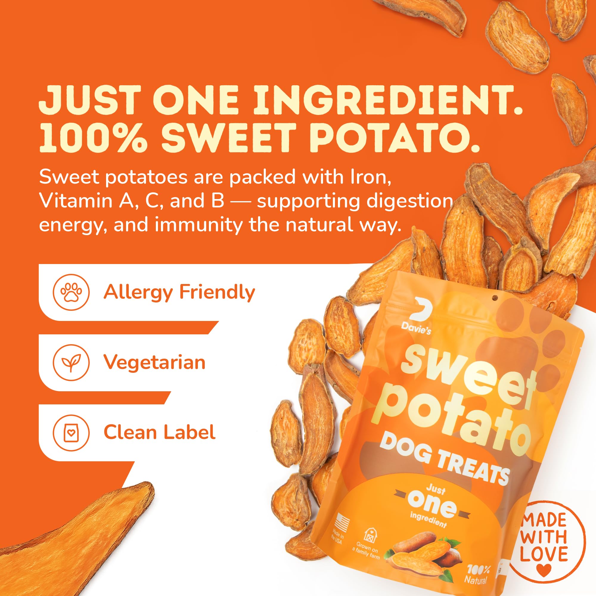 Davie's Naturals cuenco con trozos de batata como premio, fomenta el refuerzo positivo