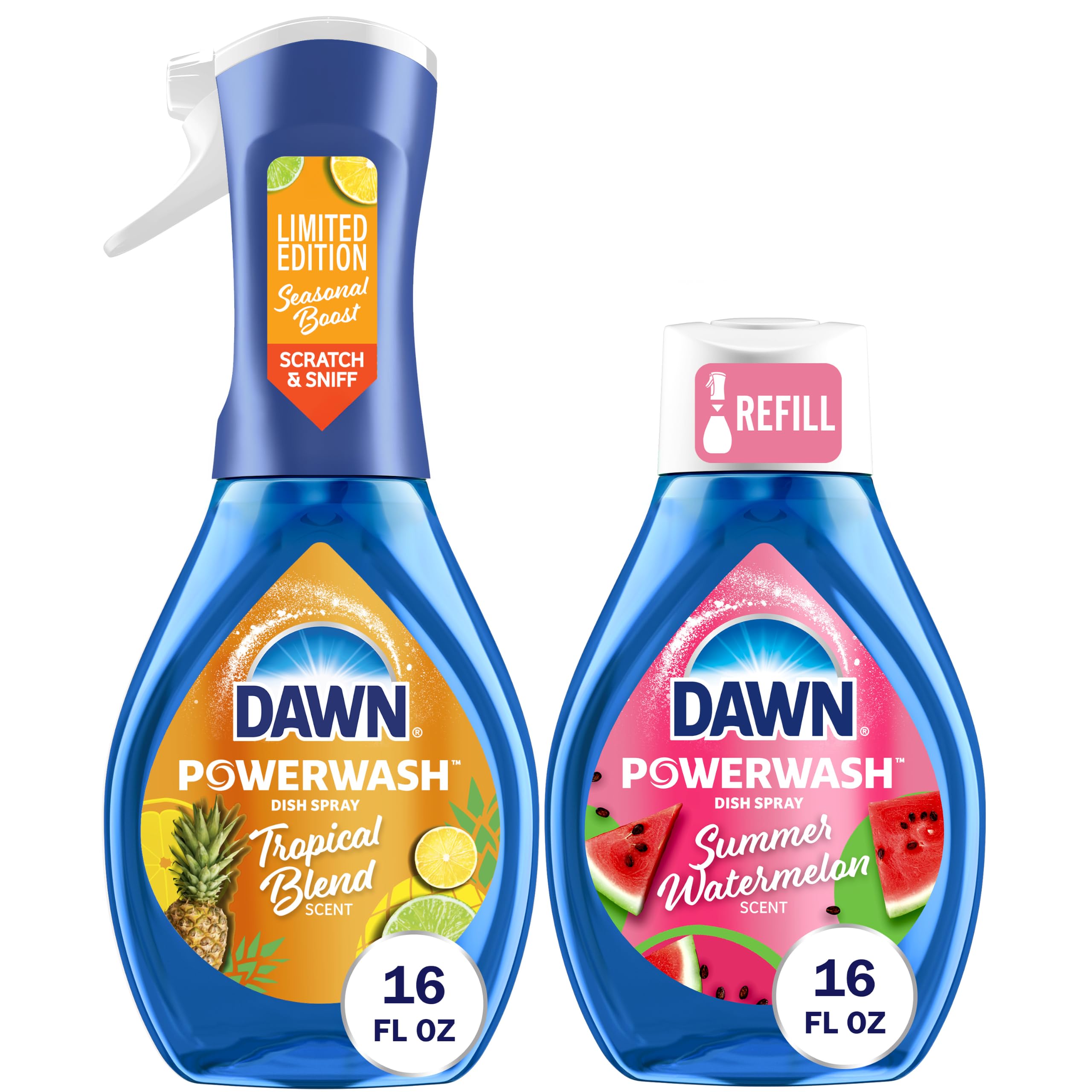 Dawn Powerwash frente del envase mostrando el spray y ahorro