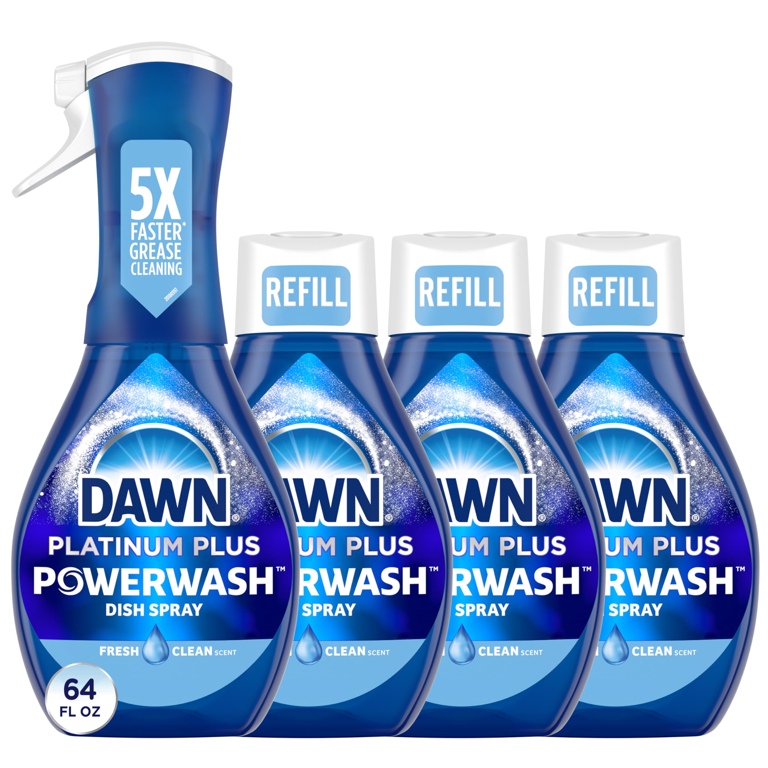 Dawn Powerwash frontal del pack mostrando el pulverizador reutilizable y recargas