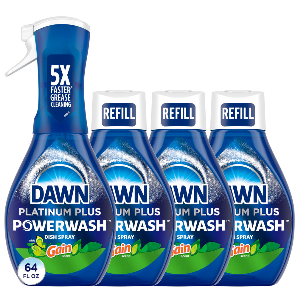Dawn Powerwash frontal del kit mostrando botella inicial y recargas, limpieza práctica