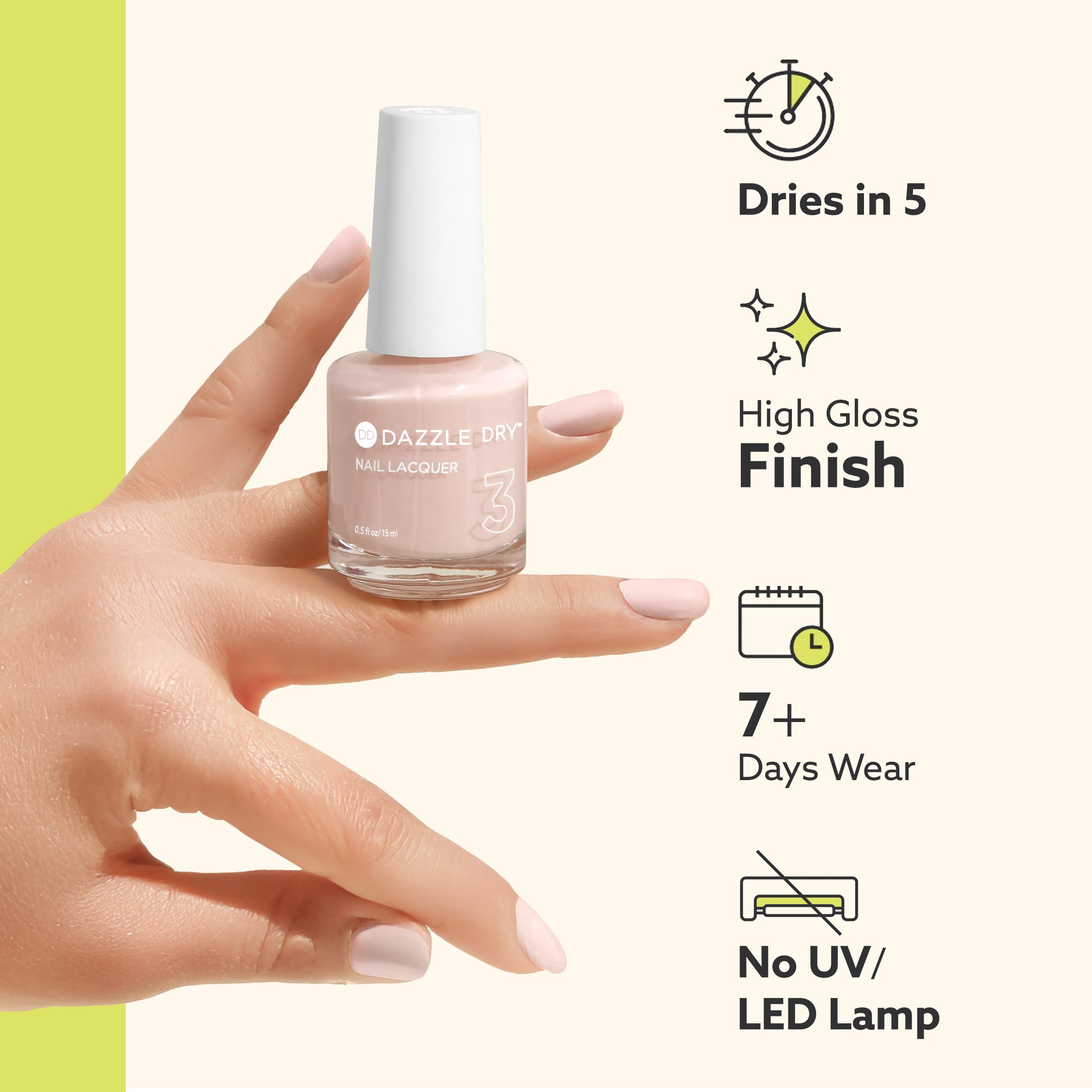 Dazzle Dry comparación de tamaño 0.5 fl oz para referencia y portabilidad