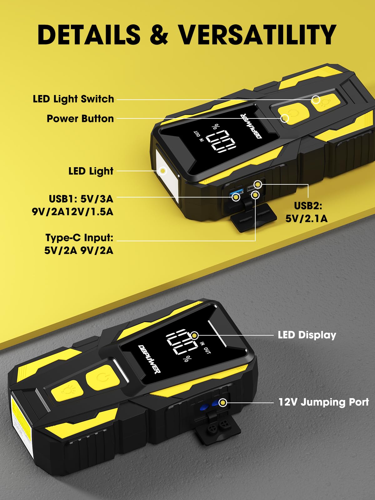 DBPOWER Z07 comparado con una mano para mostrar tamaño portátil