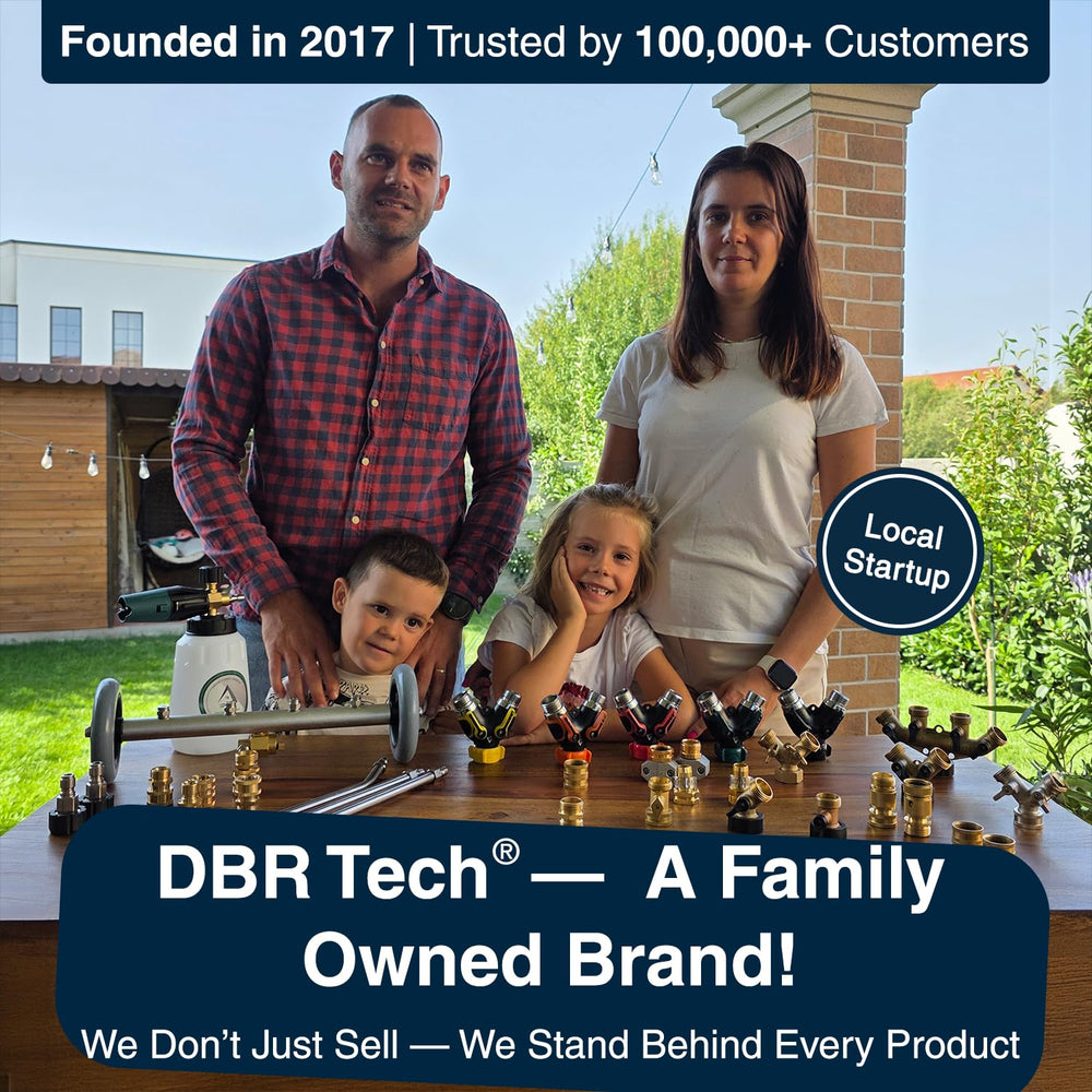 DBR Tech comparación de tamaño junto a manguera para referencia de escala