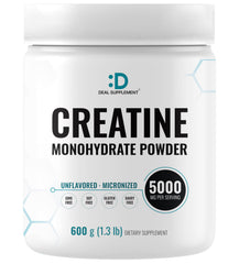 DEAL SUPPLEMENT bote frontal que muestra creatina pura y sin sabor, fácil de identificar
