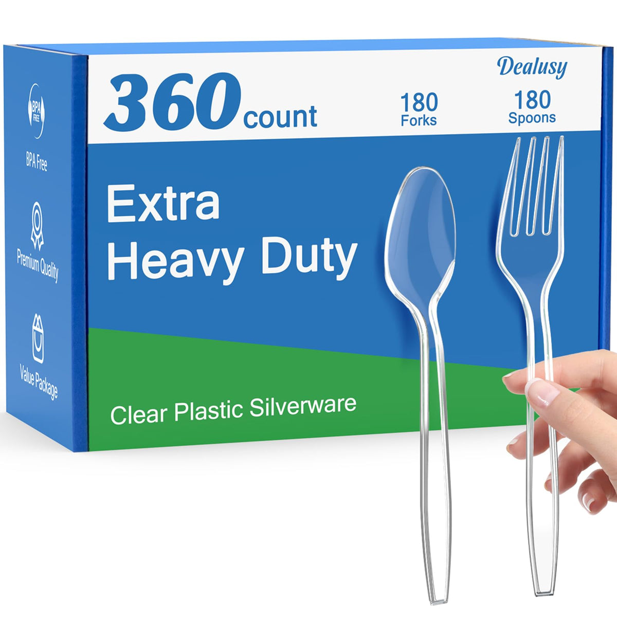 Dealusy empaque frontal mostrando 360 cubiertos, ideal para eventos grandes