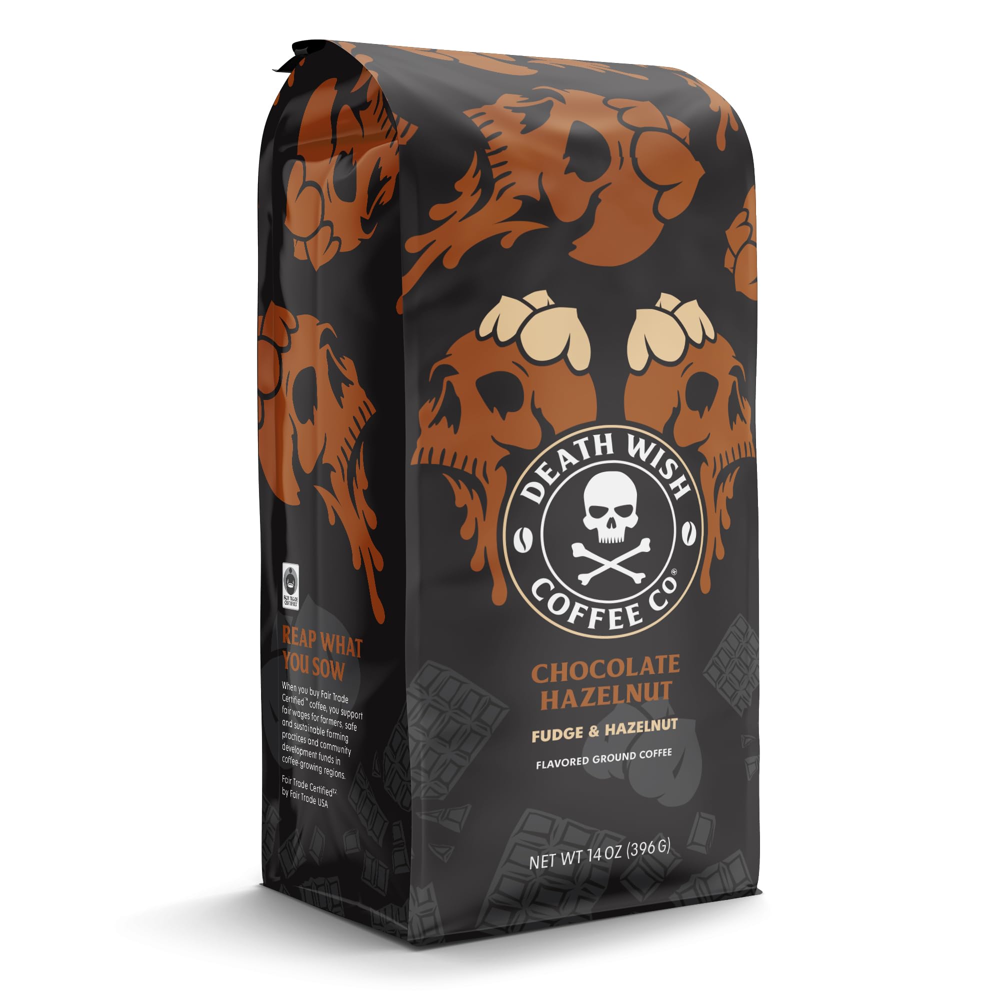 DEATH WISH COFFEE bolsa junto a mano para comparar tamaño