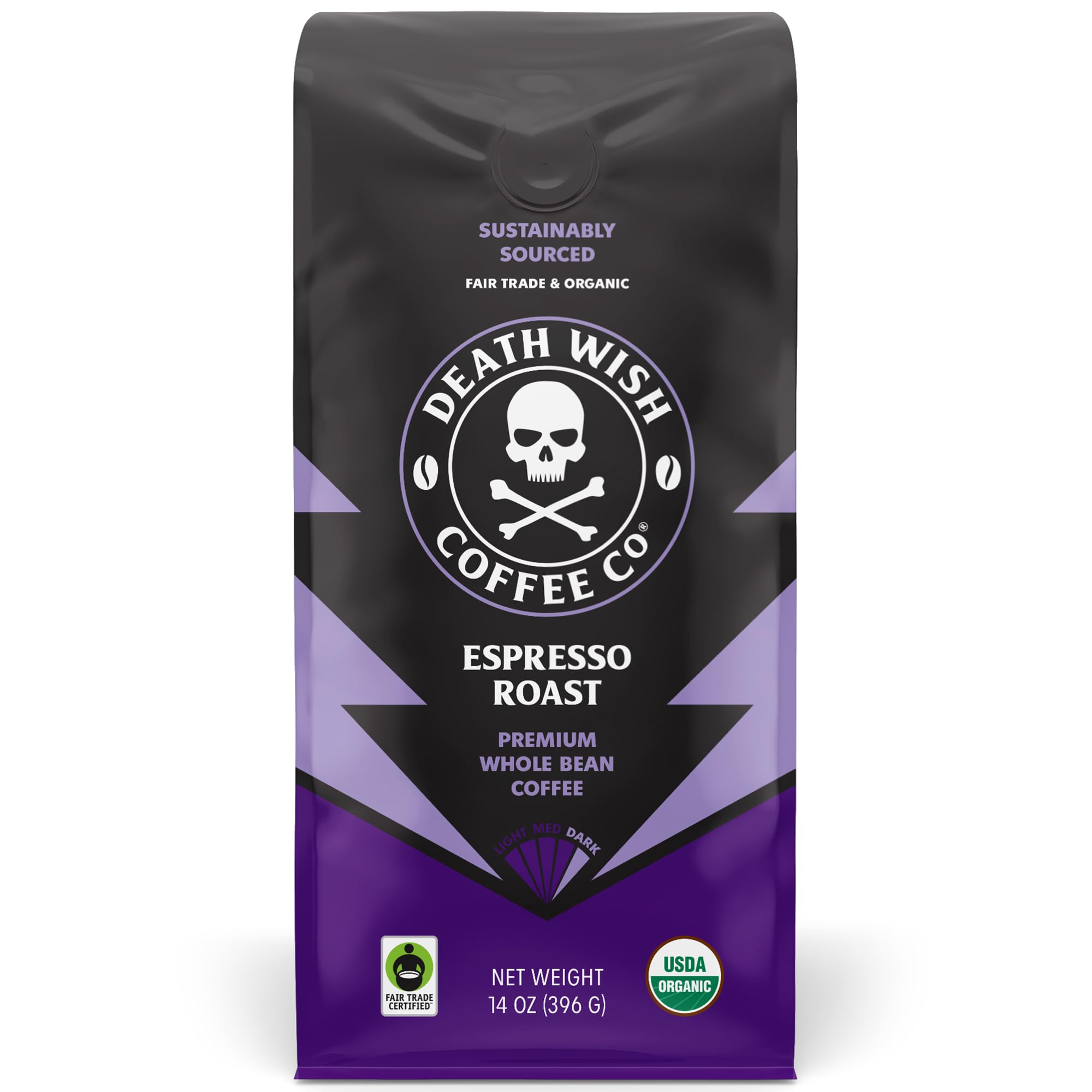 Death Wish Coffee frente del paquete mostrando 14 oz y diseño distintivo, claridad del producto