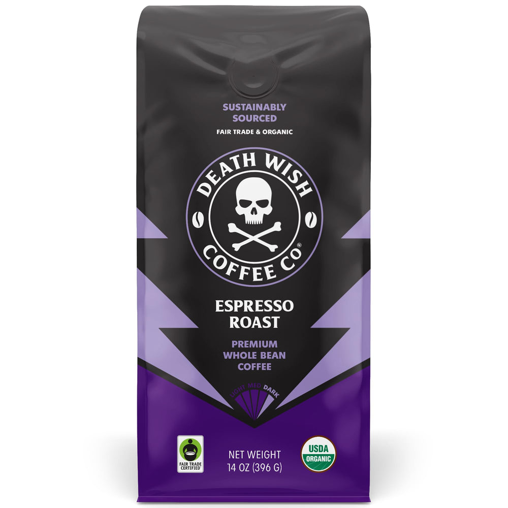 Death Wish Coffee frente del paquete mostrando 14 oz y diseño distintivo, claridad del producto