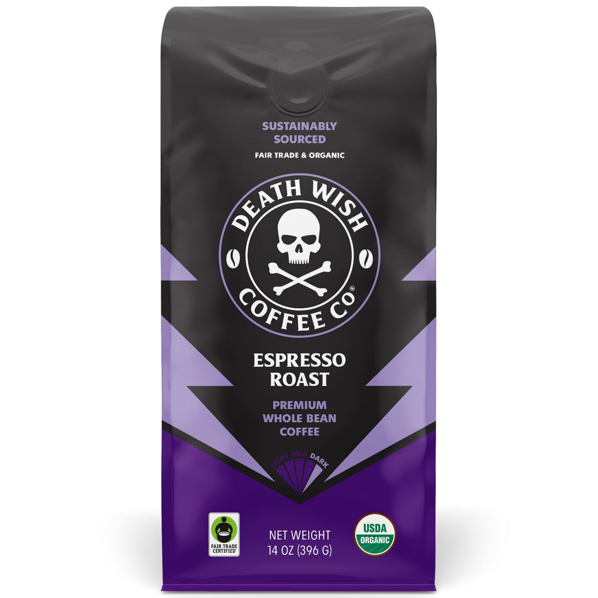 Death Wish Coffee frente del paquete mostrando 14 oz y diseño distintivo, claridad del producto