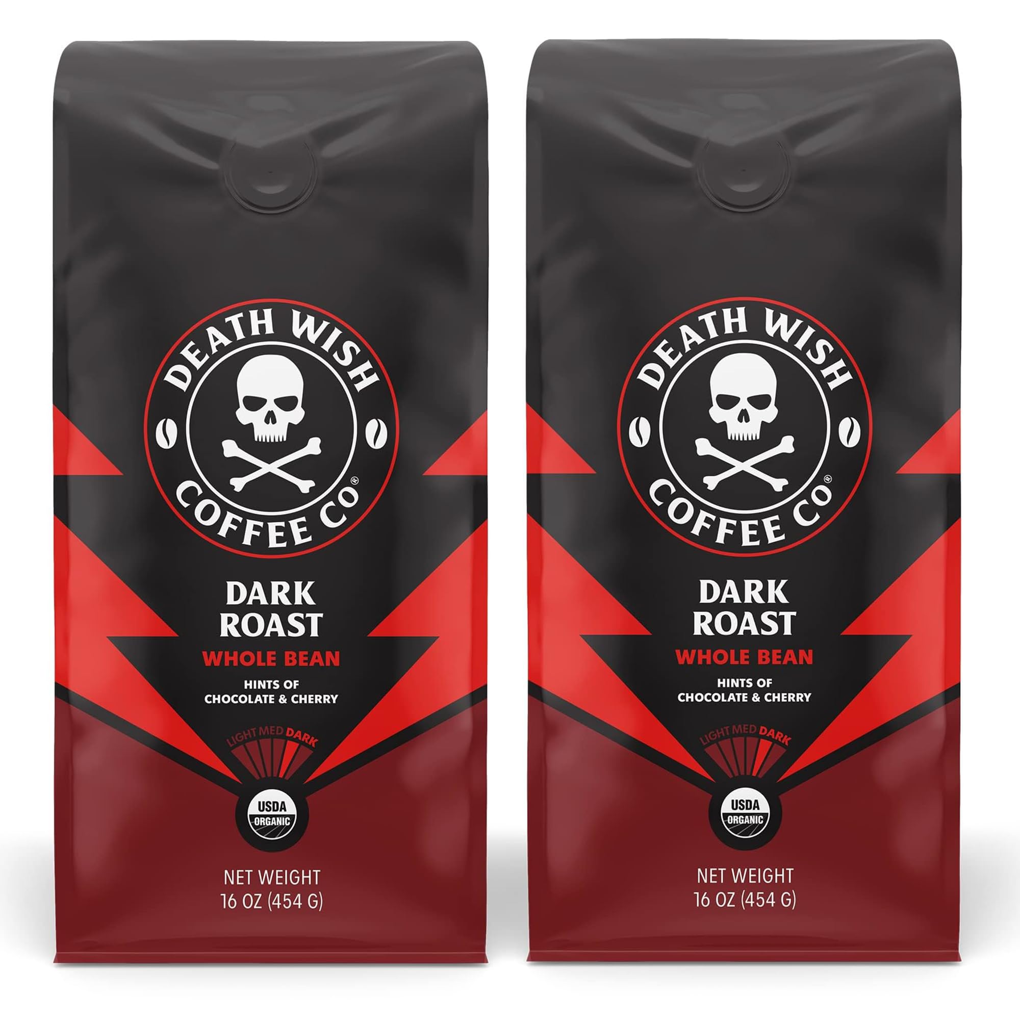 Death Wish Coffee frente del empaque mostrando sello orgánico y tamaño de paquete