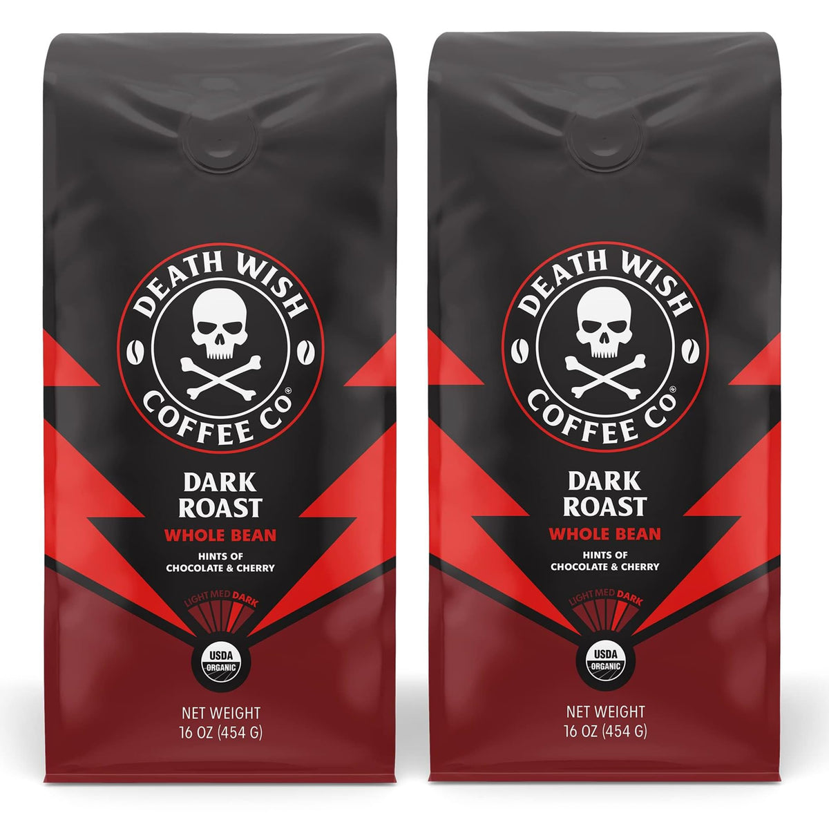 Death Wish Coffee frente del empaque mostrando sello orgánico y tamaño de paquete