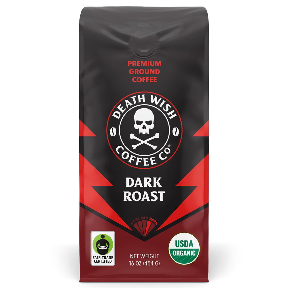 Death Wish Coffee frontal del paquete mostrando marca y beneficio energético