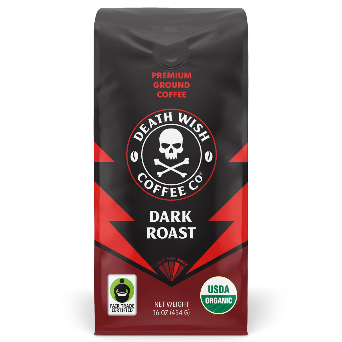 Death Wish Coffee frontal del paquete mostrando marca y beneficio energético