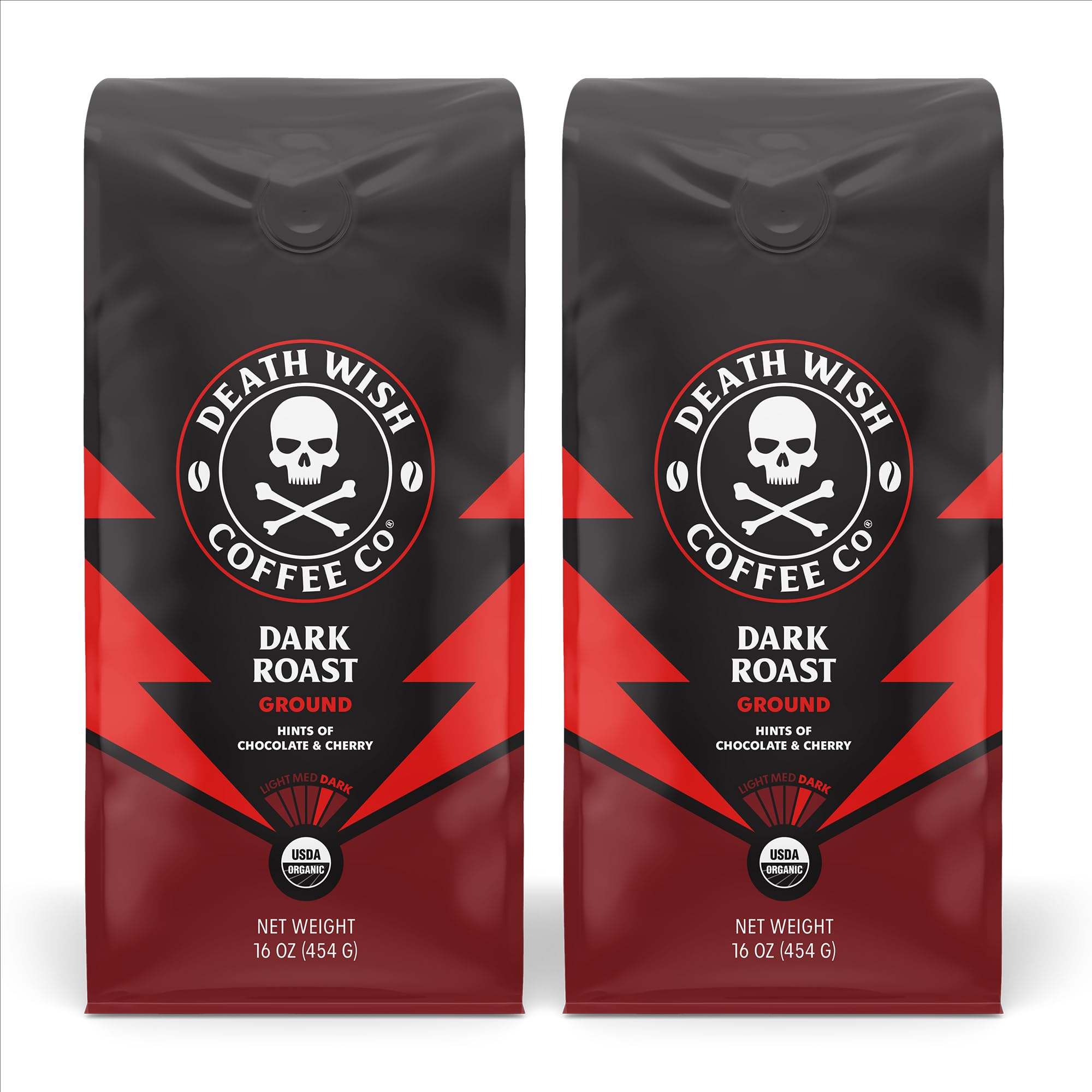Death Wish Coffee frente del paquete doble mostrando marca y tamaño 16 oz