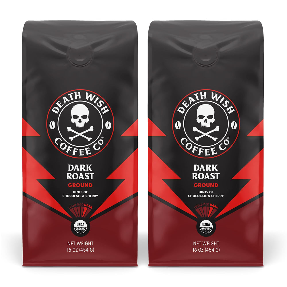 Death Wish Coffee frente del paquete doble mostrando marca y tamaño 16 oz