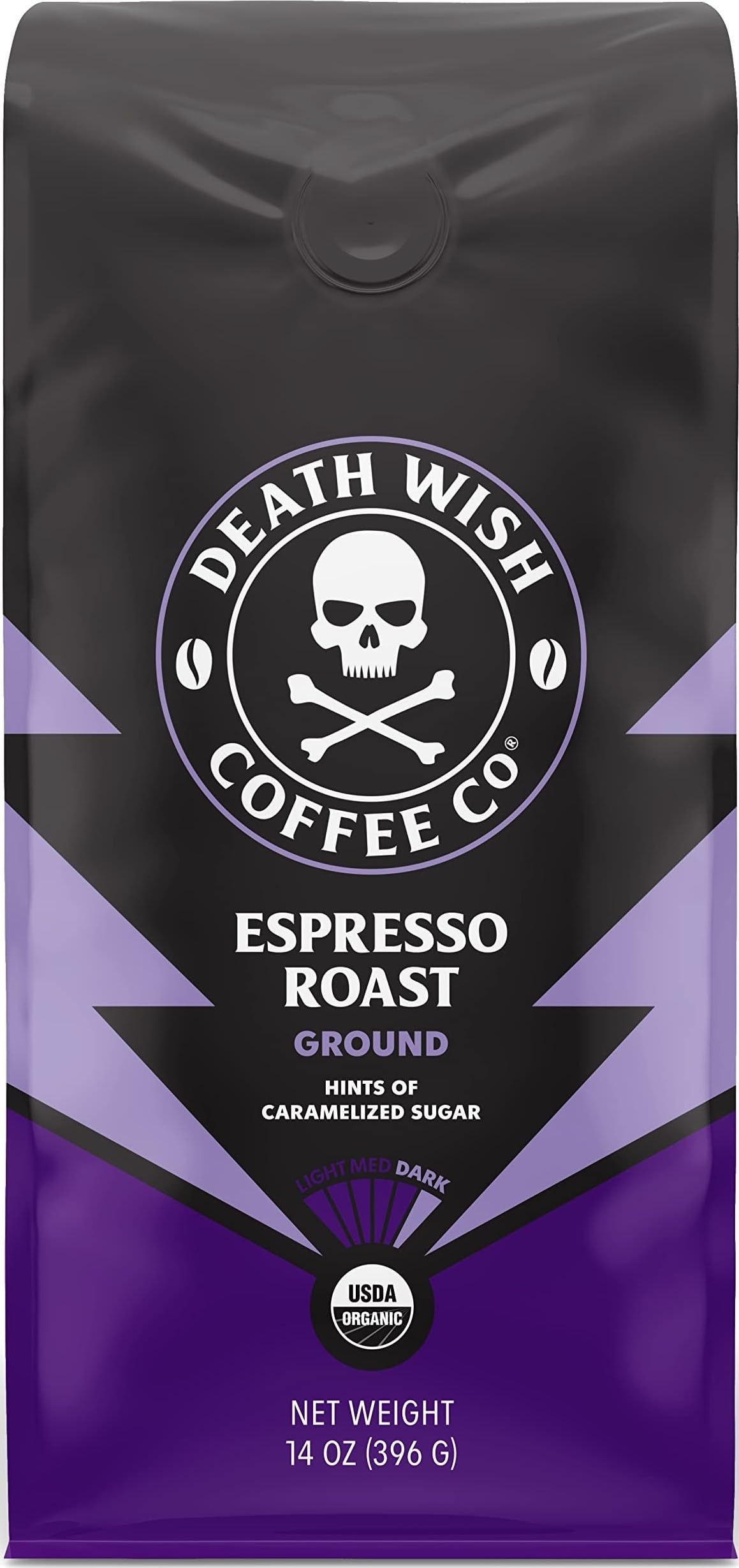 Death Wish Coffee paquete frontal muestra sello orgánico y fuerza