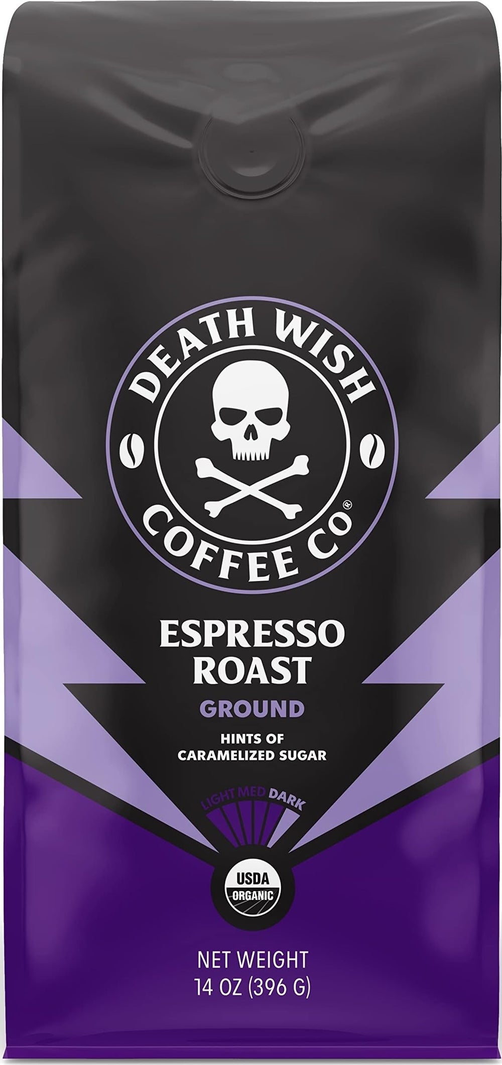 Death Wish Coffee paquete frontal muestra sello orgánico y fuerza