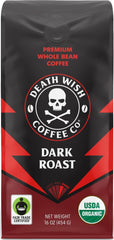 Death Wish Coffee vista frontal del paquete, diseño y tamaño 16 oz