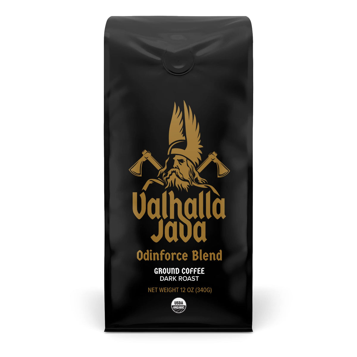 Death Wish Coffee Valhalla Java frente del empaque mostrando la marca y aspecto intenso